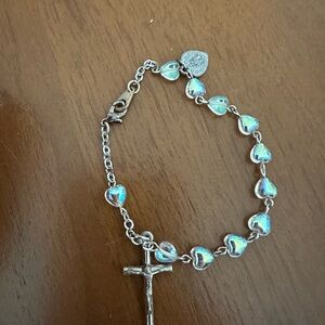 Silver Heart Bead Cross Bracelet - Iridescent Blue Hearts